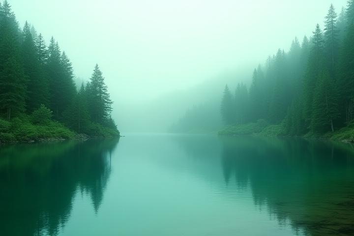 En orörd skog omgiven av en klar sjö med enbart reflektioner