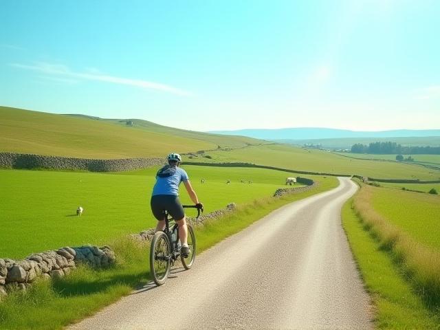 Cyklist på en solig grusväg på Gotland med får i bakgrunden