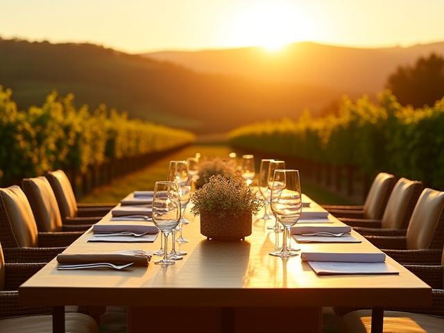 Bild på en vinkonferens i Toscana med vingårdar i solnedgången